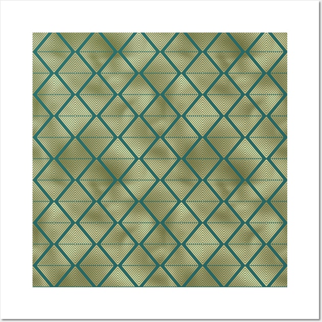 Teal and Gold Vintage Art Deco Lined Diamonds Pattern Wall Art by podartist